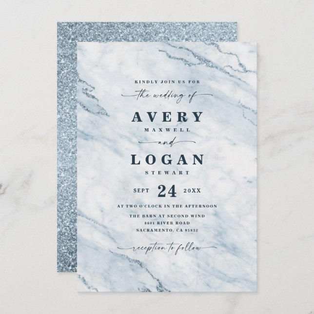 Elegant Moonlight Blue Marble & Glitter Wedding Invitation (Front/Back)