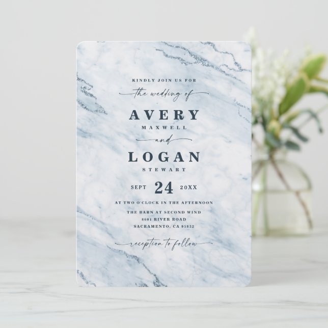 Elegant Moonlight Blue Metallic Marble Wedding Invitation (Standing Front)