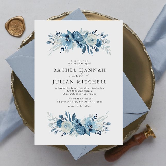 Elegant moonlight blue watercolor floral wedding invitation (Creator Uploaded)