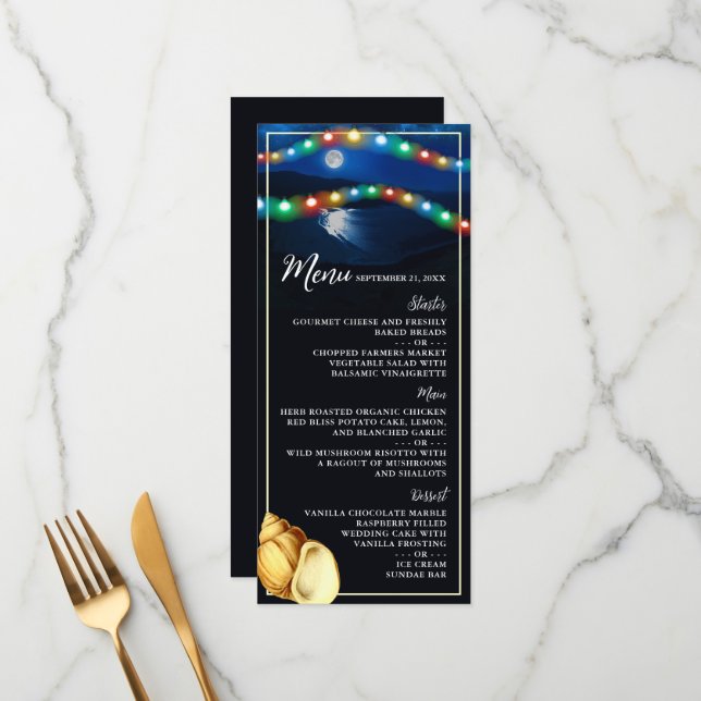 Elegant Moonlit Beach Wedding Menu (Front/Back In Situ)