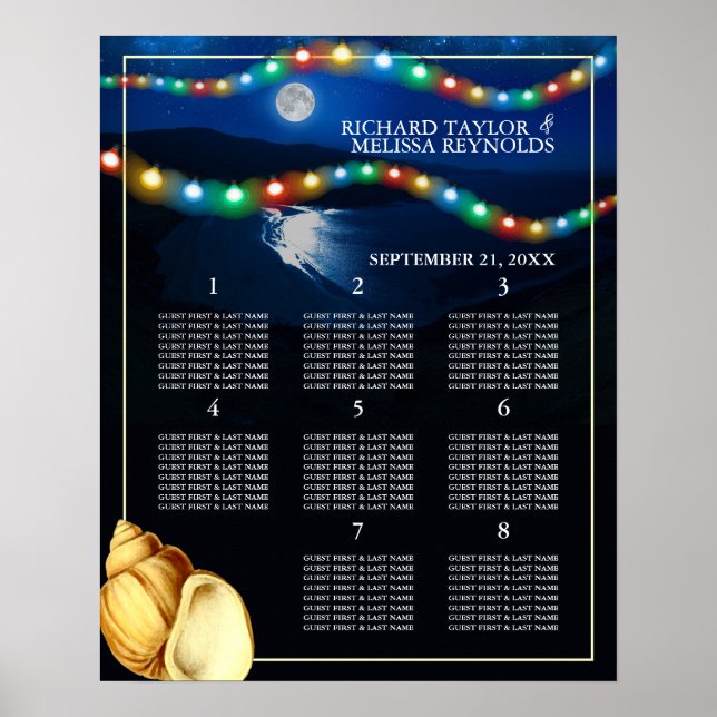 Elegant Moonlit Beach Wedding Table Plan Poster (Front)
