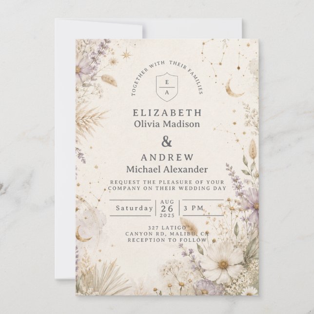 Elegant Moonlit Boho Celestial Wedding Invitation (Front)