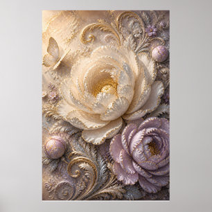Elegant Moonlit Frost Bloom Luxury Embossed Flor Poster