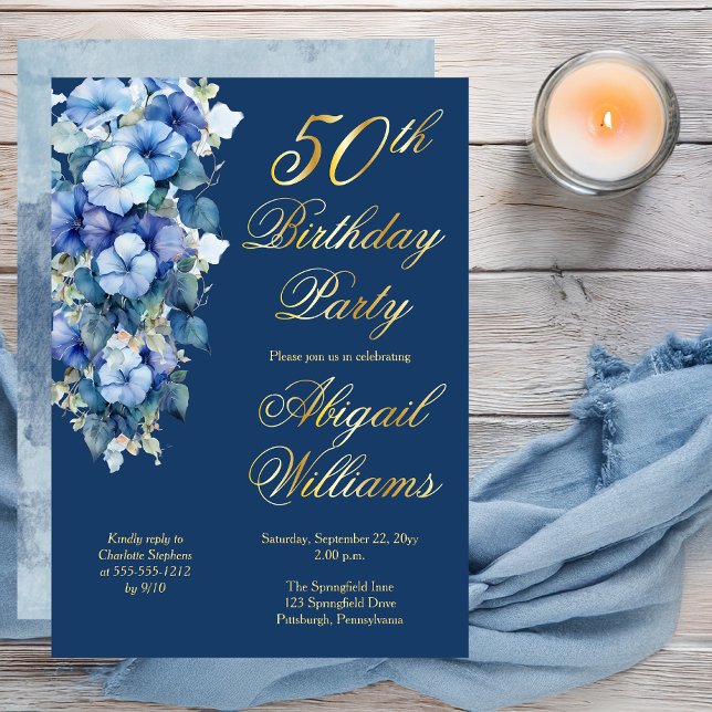 Elegant Morning Glories Blue Floral 50th Birthday  (Boho Elegant Morning Glories Blue Floral 50th Birthday Party Gold Foil Invitation )