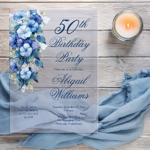 Elegant Morning Glories Blue Floral 50th Birthday  Acrylic Invitations