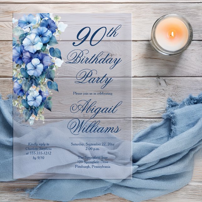 Elegant Morning Glories Blue Floral 90th Birthday  Acrylic Invitations (Boho Elegant Morning Glories Blue Floral 90th Birthday Party Acrylic Invitation )