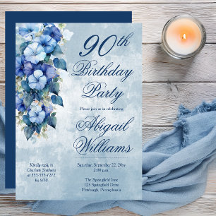 Elegant Morning Glories Blue Floral 90th Birthday Invitation