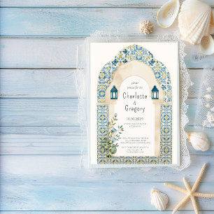 Elegant Moroccan Blue and Yellow Tile Wedding Invitation