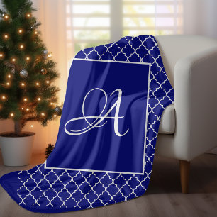 Elegant Moroccan damask navy Blue monogram Fleece Blanket