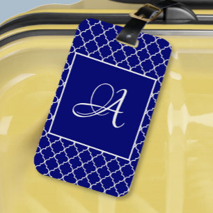 Elegant Moroccan damask navy Blue monogram Luggage Tag