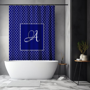 Elegant Moroccan damask navy Blue monogram Shower Curtain