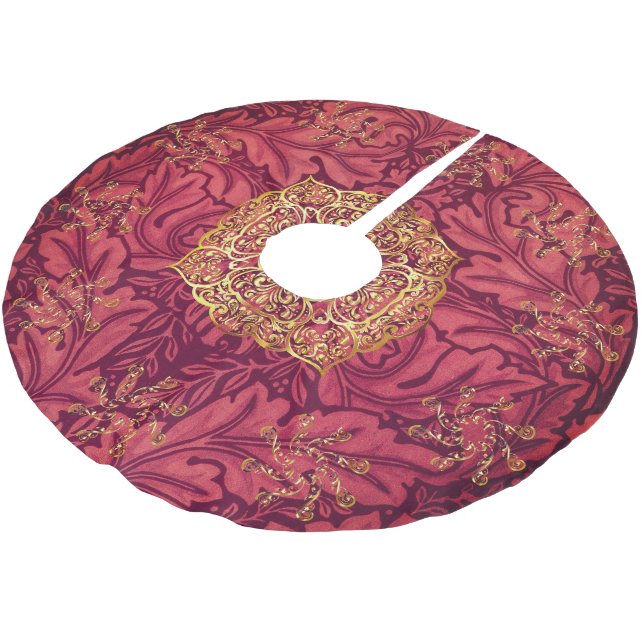 Elegant Morris Gold Snowflakes Burgundy  Brushed Polyester Tree Skirt (Angled)