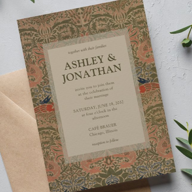 Elegant Morris Peacock & Dragon Pattern Wedding Invitation (Creator Uploaded)