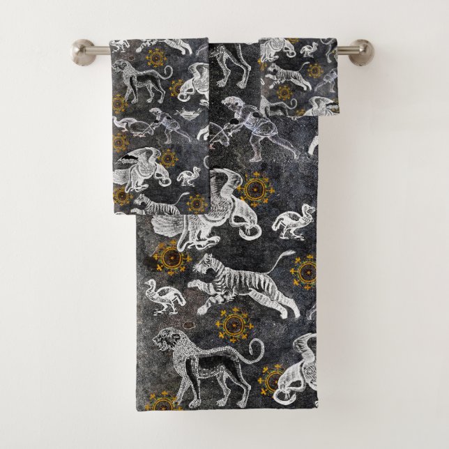 Elegant Mosaic Black White Gold Tiger Lion Eagle Bath Towel Set (Insitu)