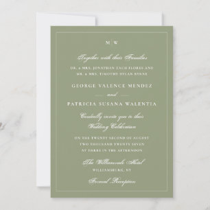 Elegant Moss Green Black Tie Monogram Wedding Invitation