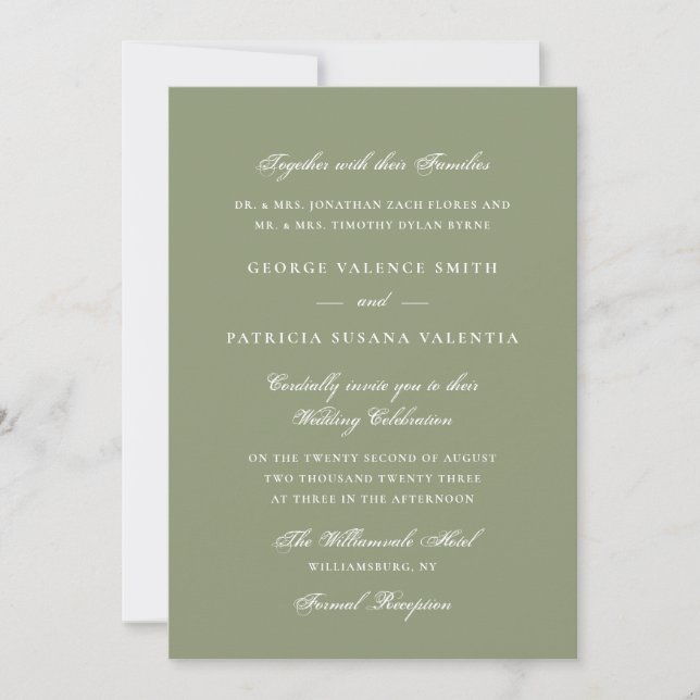 Elegant Moss Green Script Wedding Invitation (Front)