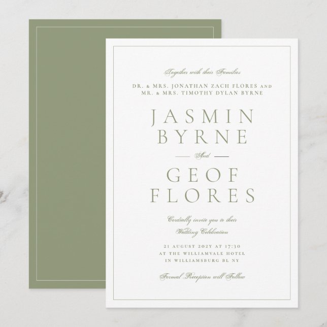 Elegant Moss Green & White Classic Wedding Invitation (Front/Back)