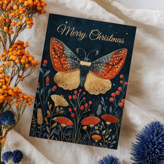 Elegant Moth Autumn Foliage Navy Blue Xmas Photo  Card (Creator Uploaded)