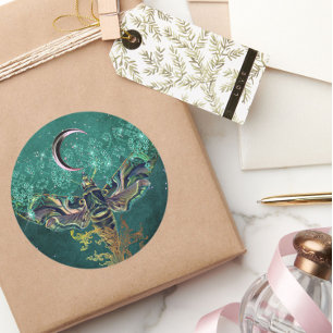 Elegant moth moon emerald night sparkle lace green classic round sticker