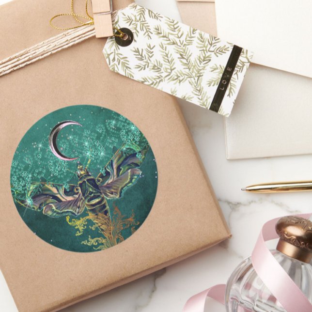 Elegant moth moon emerald night sparkle lace green classic round sticker (Creator Uploaded)
