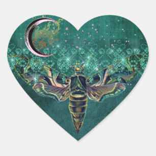 Elegant moth moon emerald night sparkle lace green heart sticker