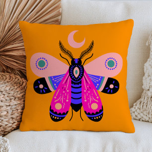 Elegant Moth with Crescent Moon Vibrant Yellow Cushion