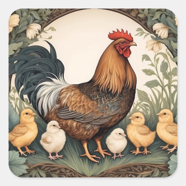 Elegant Mother Hen With Chicks  Square Sticker (Front)