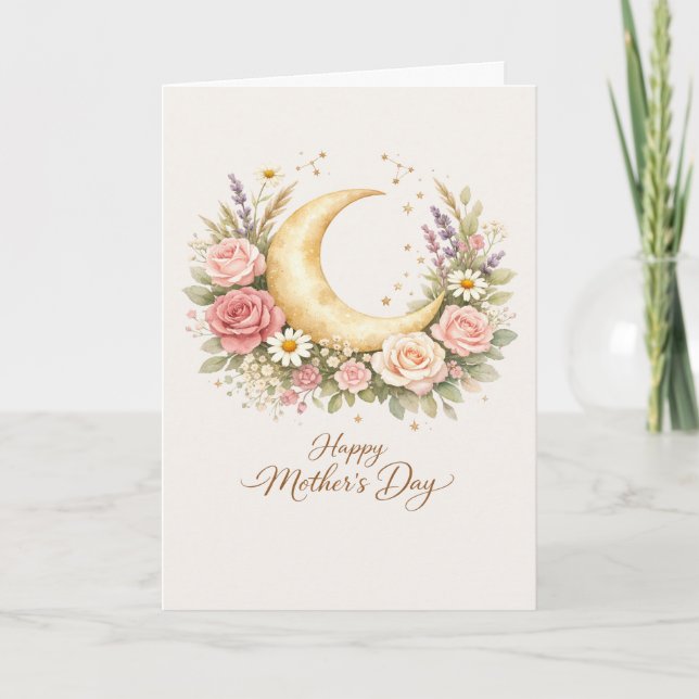 Elegant Mother’s Day, Floral Gold Moon Design Card (Front)