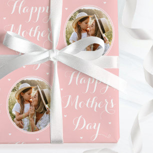 Elegant Mother's Day Custom Photo Pink White Wrapping Paper