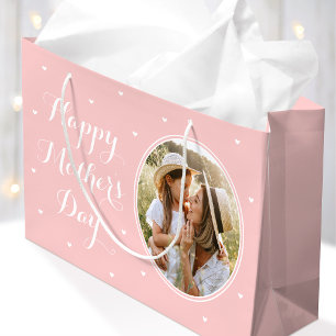 Elegant Mother's Day Custom Photos Pink White Large Gift Bag