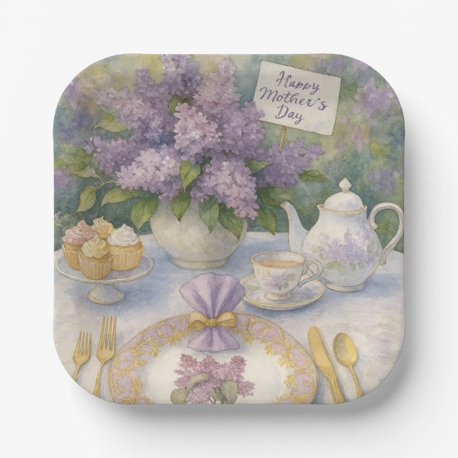 Elegant Mother's Day Purple Lilacs Flowers  Paper Plate (Front)