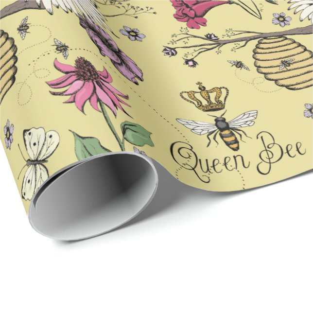 Elegant Mother's Day Queen Bee Yellow Floral Wrapping Paper (Roll Corner)