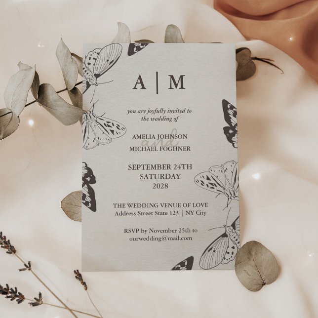 Elegant Moths Monogram Wedding Invitation (Creator Uploaded)
