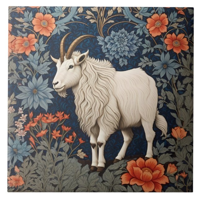 Elegant Mountain Goat William Morris Inspired  Ceramic Tile (Front)