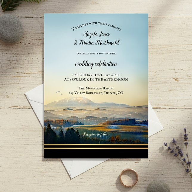 Elegant Mountain Landscape Art Wedding Invitation (Wedding invitation featuring a modern landscape painting of mountains with golden lining)