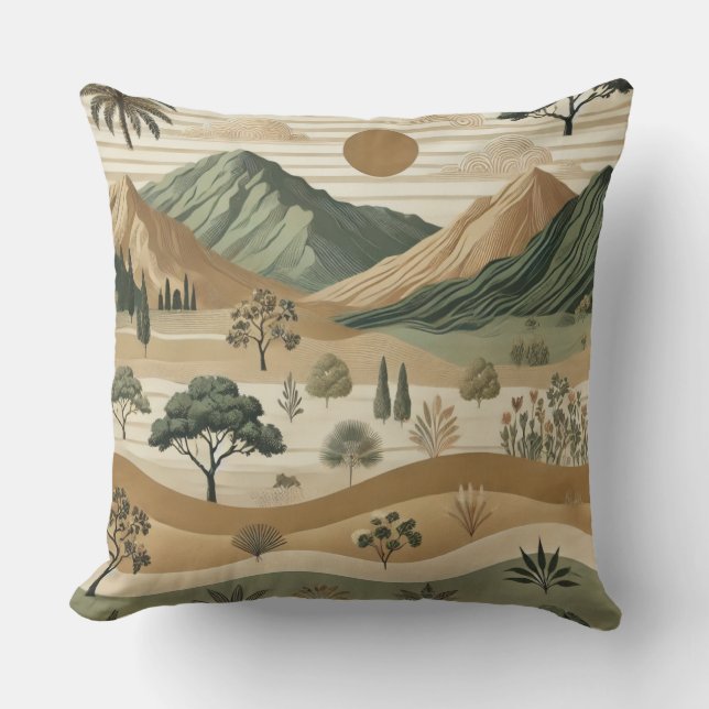 Elegant Mountain Landscape Pillow – Earthy Tones N (Front)