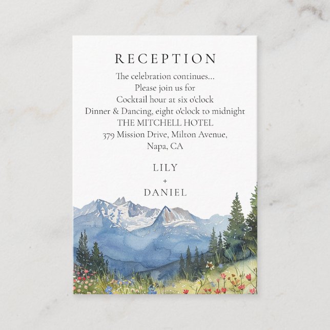 Elegant Mountain Wildflower Wedding Reception Enclosure Card (Front)