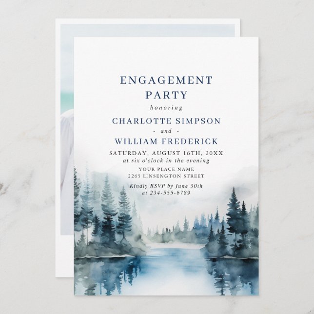 Elegant Mountains Forest Engagement Party Photo Invitation (Front/Back)