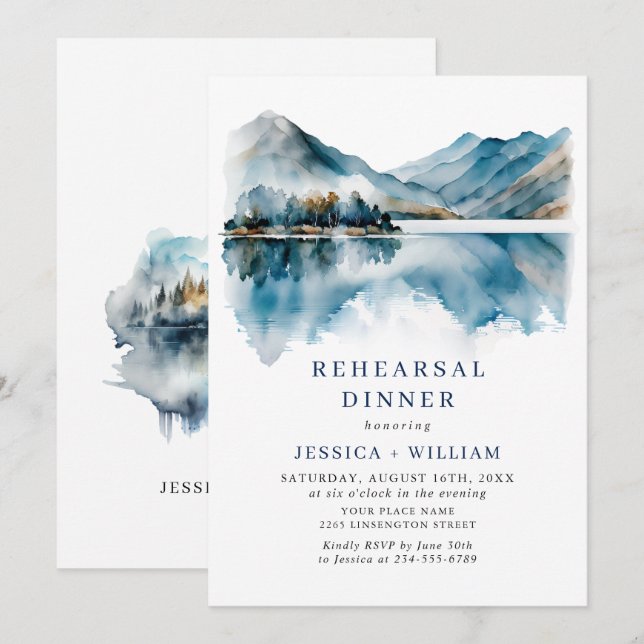 Elegant Mountains Forest Rehearsal Dinner Photo Invitation (Front/Back)