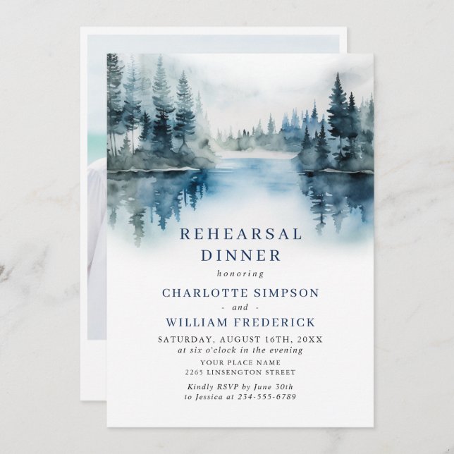 Elegant Mountains Forest Rehearsal Dinner Photo Invitation (Front/Back)