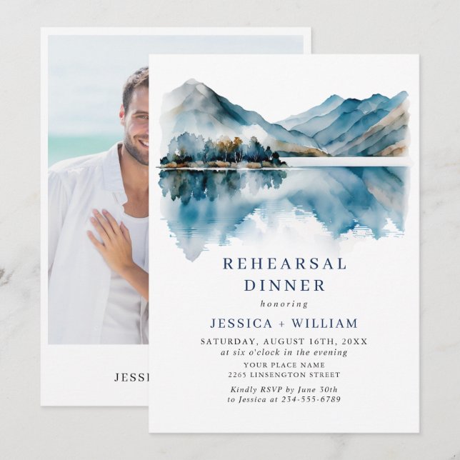 Elegant Mountains Forest Rehearsal Dinner Photo Invitation (Front/Back)