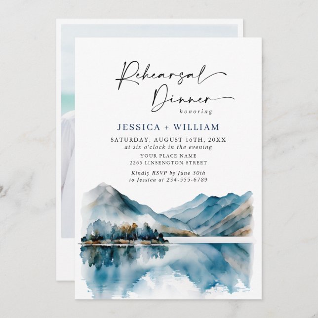 Elegant Mountains Forest Rehearsal Dinner Photo Invitation (Front/Back)