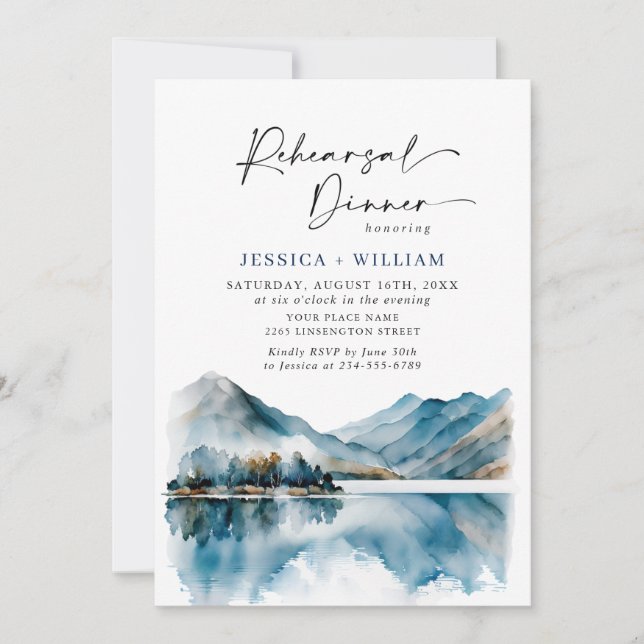 Elegant Mountains Forest Rehearsal Dinner QR code Invitation (Front)