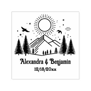 Elegant Mountains Trees Sun Birds Couple Name Date Self-inking Stamp