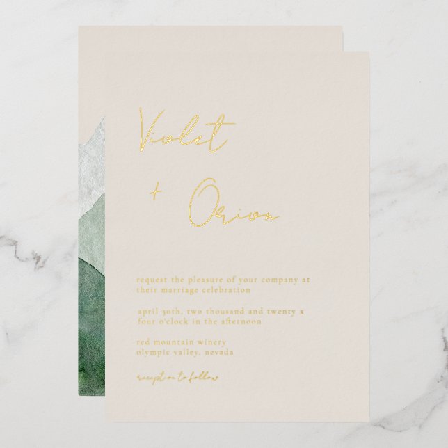 Elegant Mountains Wedding Gold Foil Invitation (Front/Back)