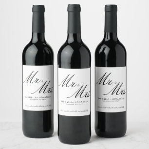 Elegant Mr and Mrs Black White Wedding Wine Label