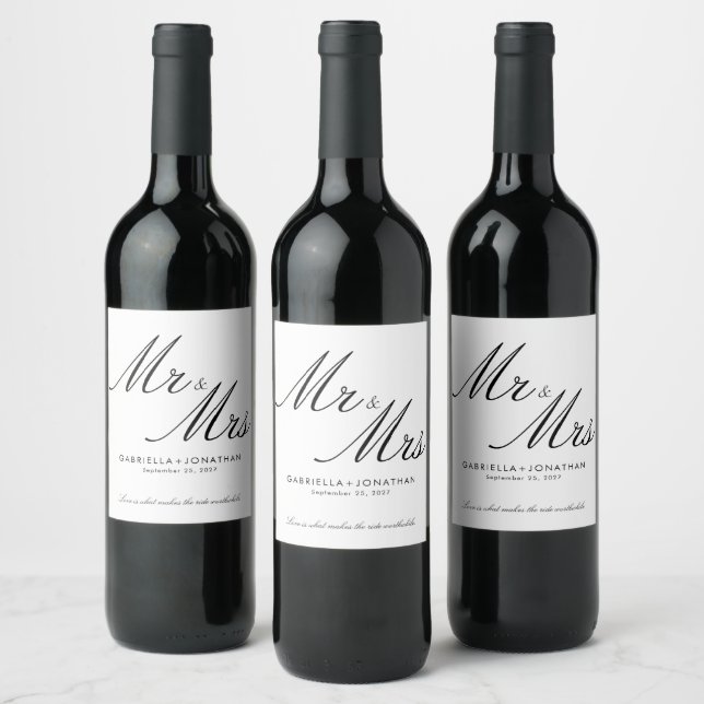 Elegant Mr and Mrs Black White Wedding Wine Label (Bottles)