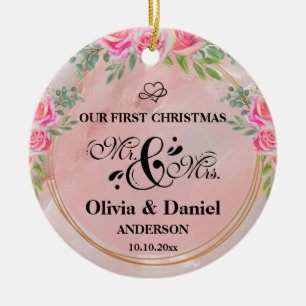 Elegant Mr and Mrs Blush Pink Flowers Wedding Ceramic Ornament