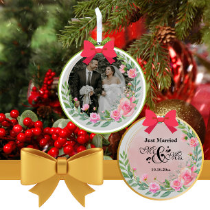 Elegant Mr and Mrs Blush Pink Flowers Wedding Ceramic Ornament