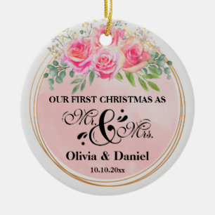 Elegant Mr and Mrs Blush Pink Flowers Wedding Ceramic Ornament